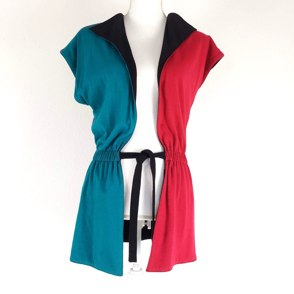 Handmade SIZE XS Color Block REVERSIBLE Black Colorful Cardigan Women Open Front - Picture 10 of 10